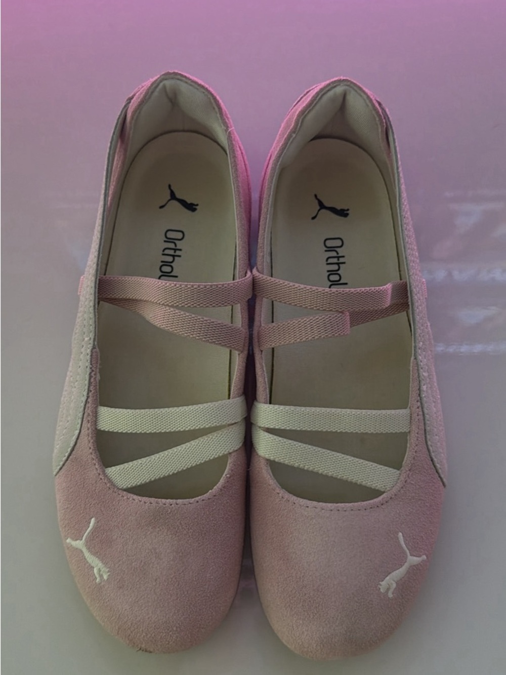 Puma Women's Pink Suede Ballet Flats with Cream Straps 6.5